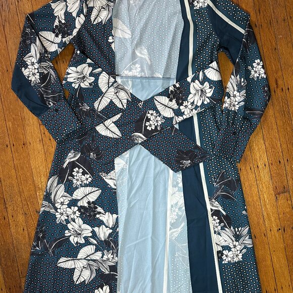Zara Teal Blue Floral Dotted Patchwork Printed Satin Belted Kimono Robe Size S/M - Picture 4 of 9